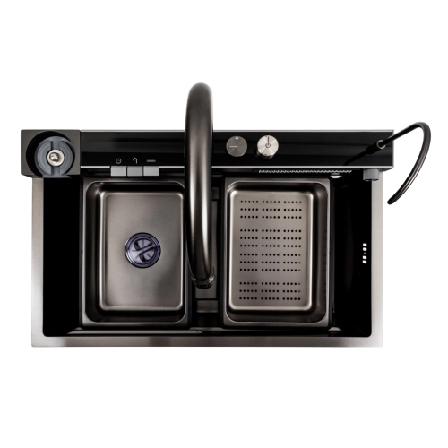 Кухонная мойка 75*46D PVD черная Platinum Handmade "ВОДОСПАД" - Фото № 8