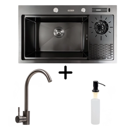 Kitchen sink PVD 78*46 black Platinum Handmade with kitchen faucet + dispenser and colander - Фото № 8