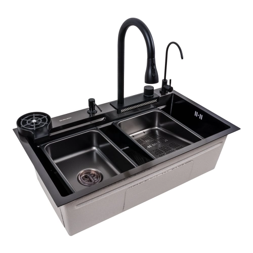 Кухонная мойка 75*46F черная PVD Valeso Handmade "Водопад" Fly rain - Фото № 10