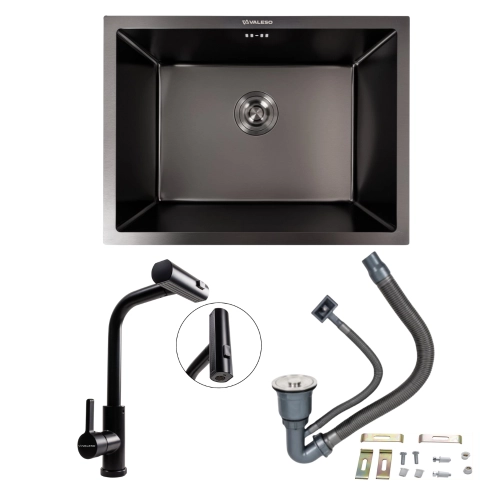 Kitchen Set: Valeso Handmade Sink (58x43 cm) PVD Black, Under-mount Installation + XK09B PVD Faucet
