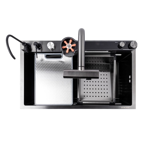 Мойка кухонная PVD черная Valeso Handmade "Водопад" (ДЕКОР) 75х45DF - Фото № 9