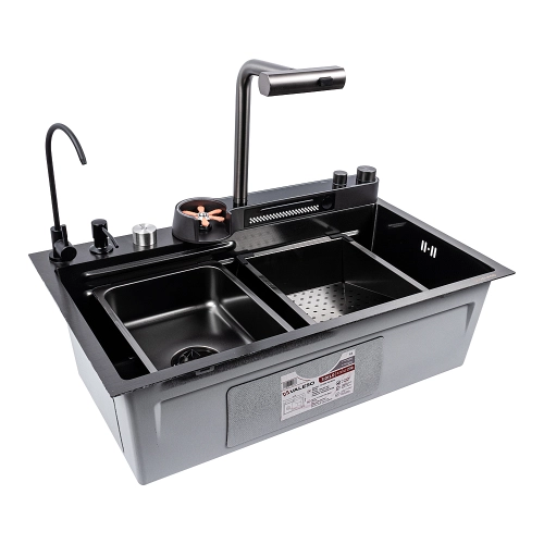 Мойка кухонная PVD черная Valeso Handmade "Водопад" (ДЕКОР) 75х45DF - Фото № 10