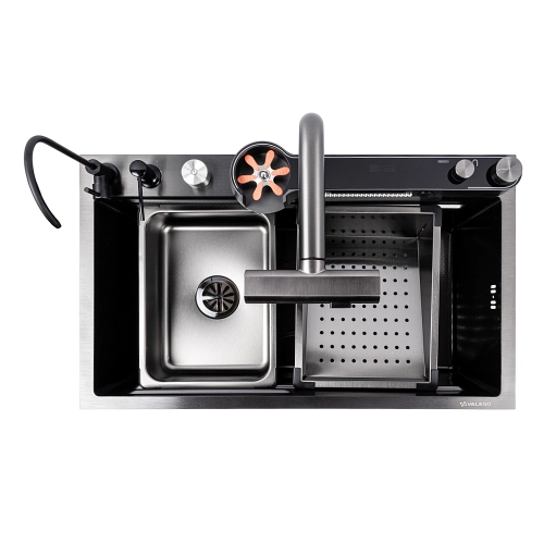 Мойка кухонная PVD черная Valeso Handmade "Водопад" (ДЕКОР) 75х45DF - Фото № 11