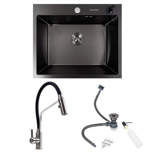 Set: VALESO Handmade 60*50 PVD Black Kitchen Sink + KN36 Faucet
