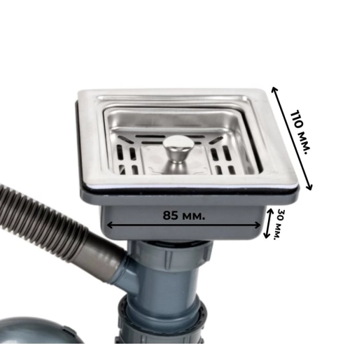 Сифон одинарный для моек VALESO Handmade PVD черных (квадратный сифон, квадратный перелив) - Фото № 1