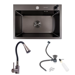 Set: VALESO Handmade 58*43 PVD Black Kitchen Sink + NES-F12 Faucet