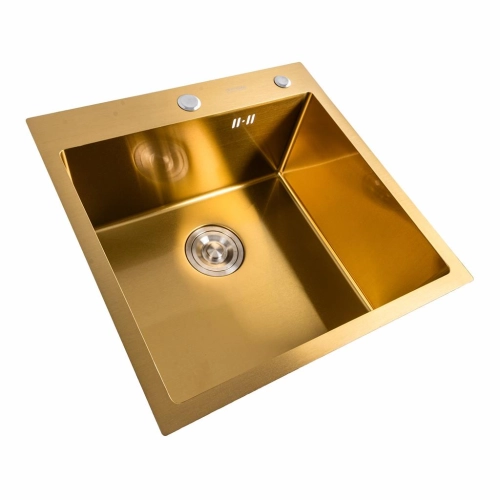 Кухонная мойка Platinum Handmade PVD золото 50*50/220 3,0/1,5 мм корзина и дозатор в комплекте - Фото № 1